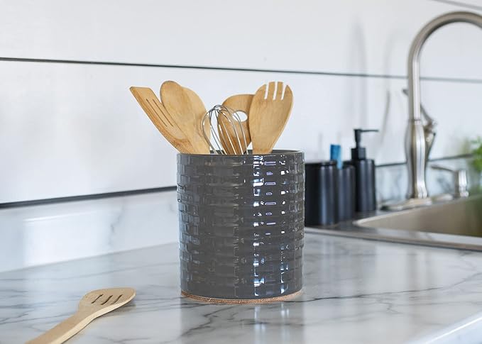 Elanze Designs Embossed Subway Tile Ceramic Stoneware Cork Bottom Kitchen Utensil Holder, Grey