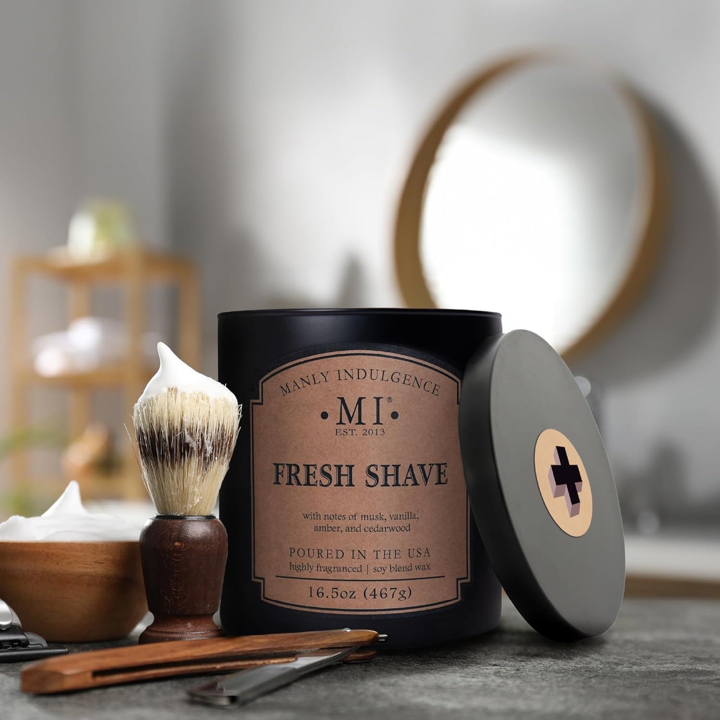 Manly Indulgence Fresh Shave Scented Candles for Men, 2 Wick, 16.5 oz, Premium Soy Blend Wax, 60H Burn, Candles for Home Scented - Made in The USA