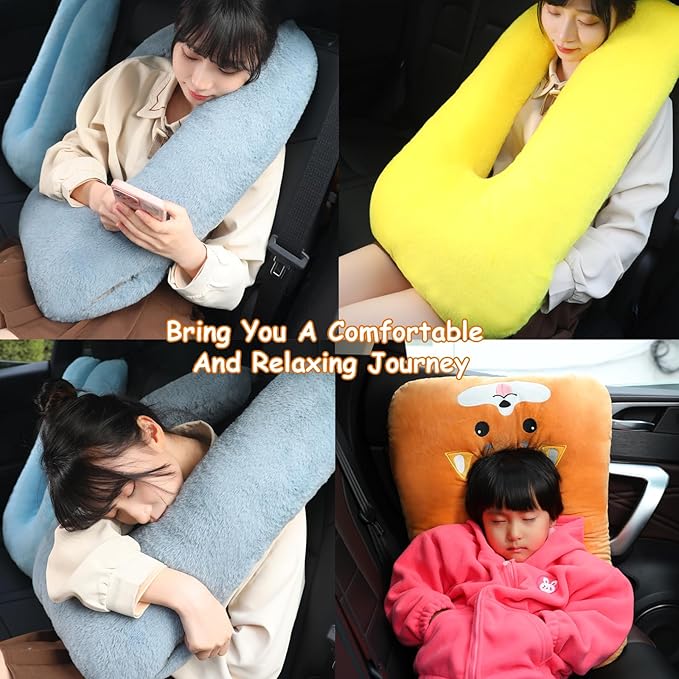 Kids Travel Pillow for Car Seat with Hand Muff, Cartoon Neck & Headrest Seat Belt Pillow for Car Road Trips Long-Distance Travel Sleeping Pillow for Adults and Children, Light Blue