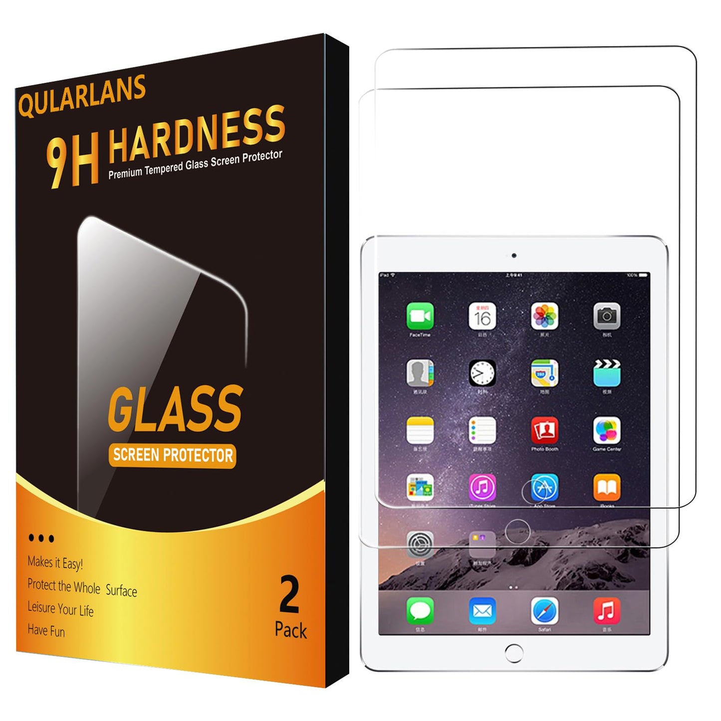 Qularlans 2 Pack Screen Protector for iPad 6th 5th Generation 9.7 Inch 2018/2017, Tempered Glass Compatible with iPad Air 2/Air 1/iPad Pro 9.7, Anti-Scratch 9H Hardness Apple Pencil Compatible -Like New