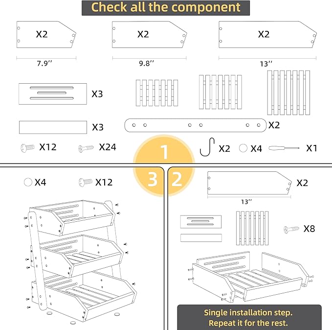 Bamboo 3 Tier Fruit Basket For Counter, Large Capacity Fruit Storage Countertop, Fruit Holder, Wooden Pantry Organizers and Storage, Kitchen Countertop Organizer With Two Banana Hangers (Black)