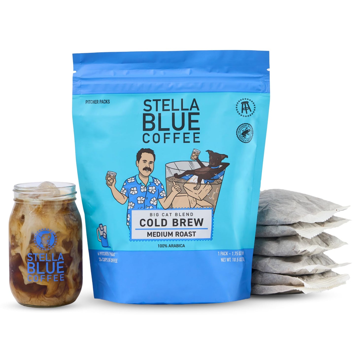 Stella Blue Cold Brew Arabica Big Cat Blend Coffee 6 Ready-to-Brew Packets Enriching Caramel and Hazelnut Notes with Sweet Fruitiness - Fresh Cold Brew for True Fanatics
