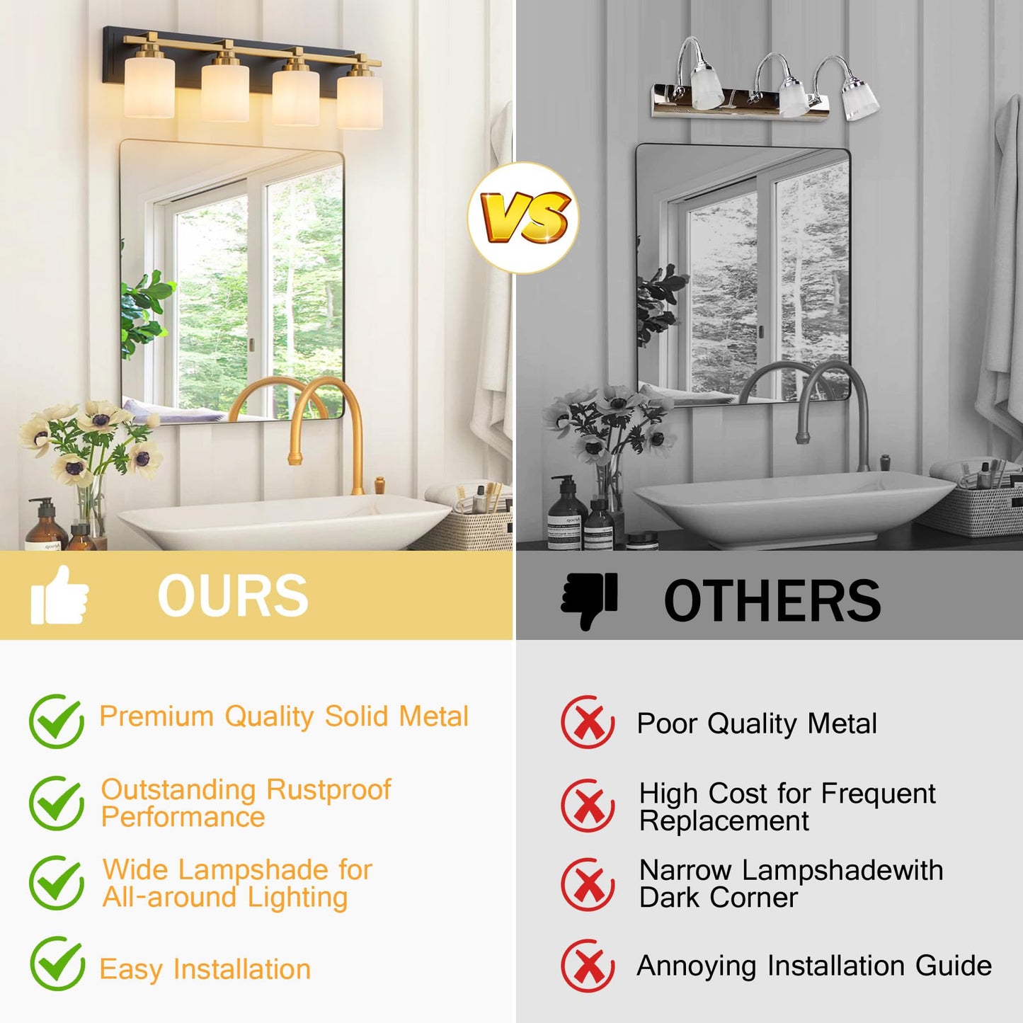 Brknit 4-Light Modern Bathroom Vanity Light Fixture, Black Gold With Milky White Glass Shades, E26 Socket, Model J0057-6-4T