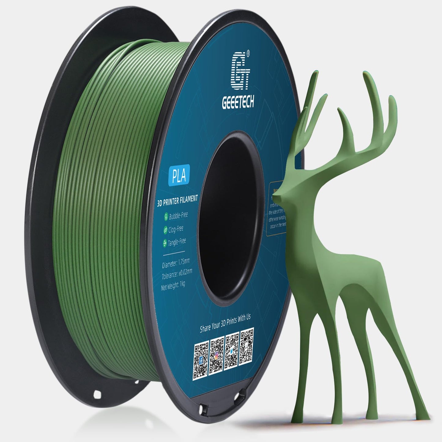 GEEETECH Matte PLA Filament 1.75mm, Olive Green PLA Matte 3D Printer Filament 1kg Spool (2.2lbs), Dimensional Accuracy +/- 0.02