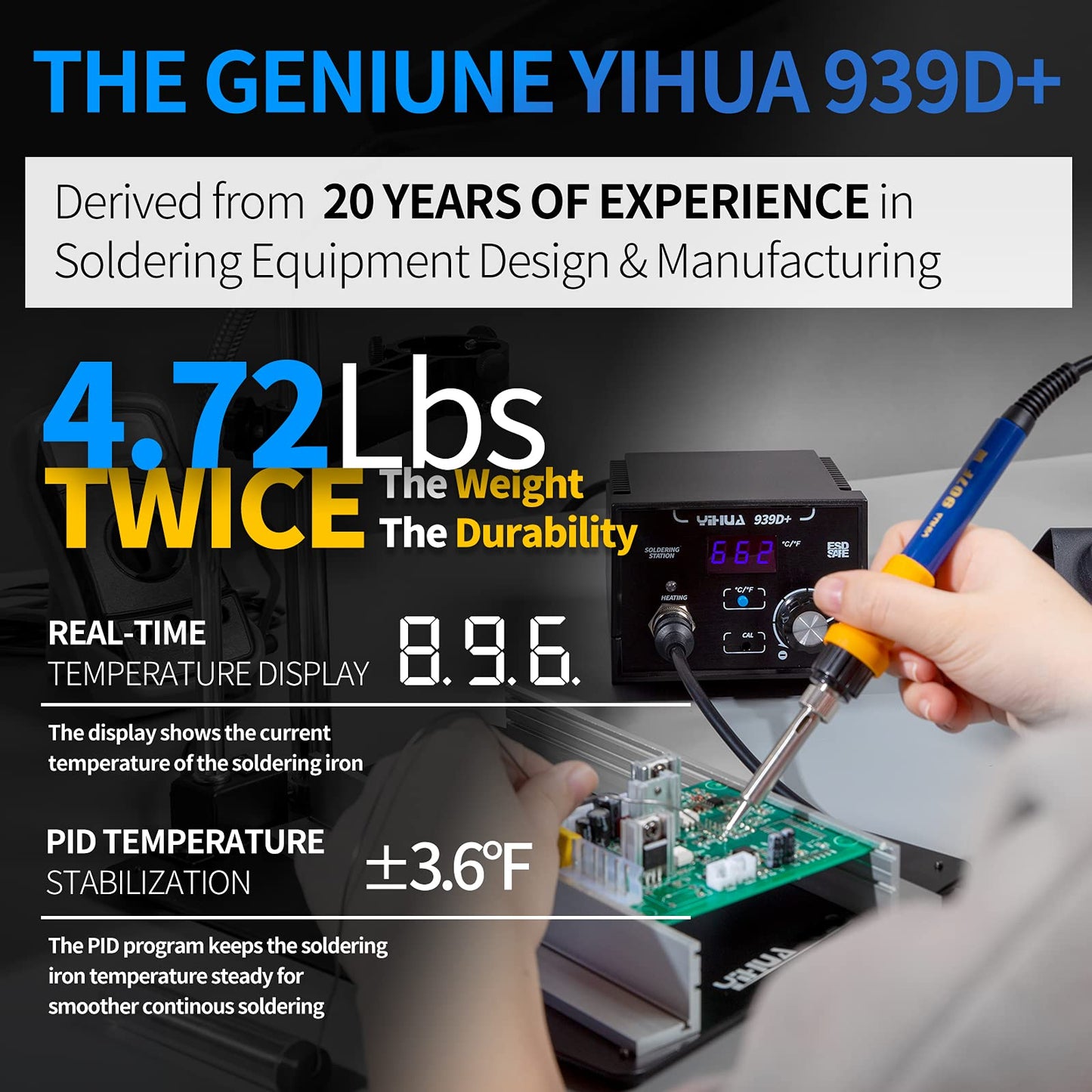 YIHUA 939D+ Digital Soldering Station, 75W Equivalent with Precision Heat Control (392°F to 896°F) and Built-in Transformer. ESD Safe, Lead Free with °C/°F display (Black)