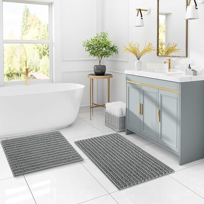 Arotive Luxury Chenille Bathroom Rug Mat, Extra Soft Thick Absorbent Shaggy Bath Rugs, Non-Slip Machine Wash Dry, Plush Bath Mats for Bathroom, Shower and Tub, 47x24, Grey