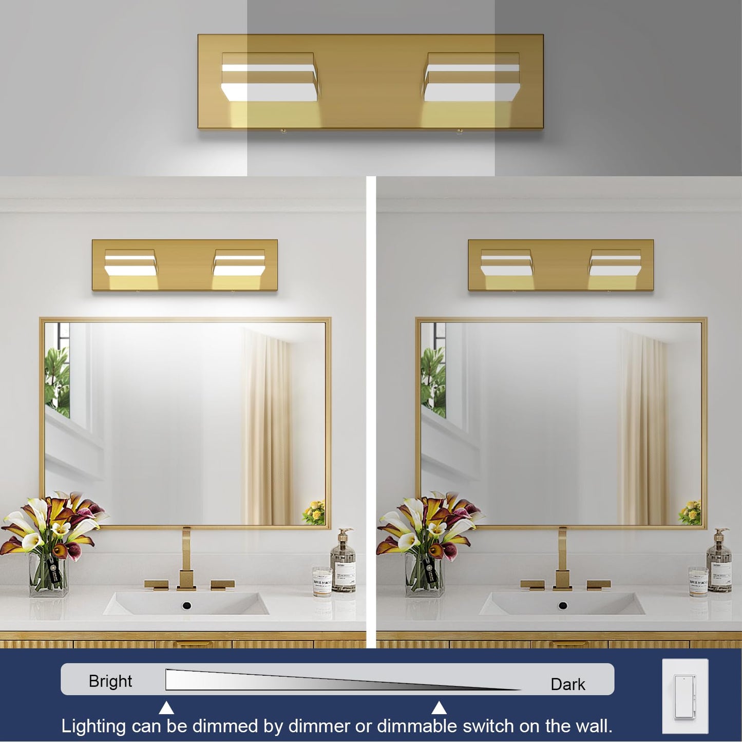 SineRise LED Bathroom Vanity Light Fixture, 2-Light, 15.5-Inch, Dimmable, Brass, Stainless Steel, Model SF20250921B0F98PGS33
