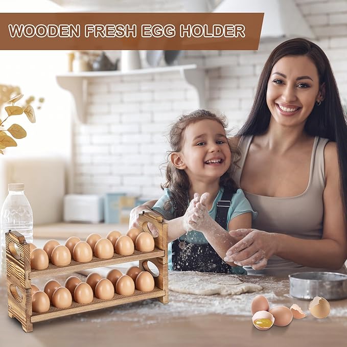 Wooden Egg Holder Countertop, Stackable Wooden Egg Storage & Organizer, 2-Tier /24-Hole Farmhouse Eggs Rack Wood with Handle for Fresh Eggs to Store Chicken/Duck/Quail/Turkey/Easter Egg