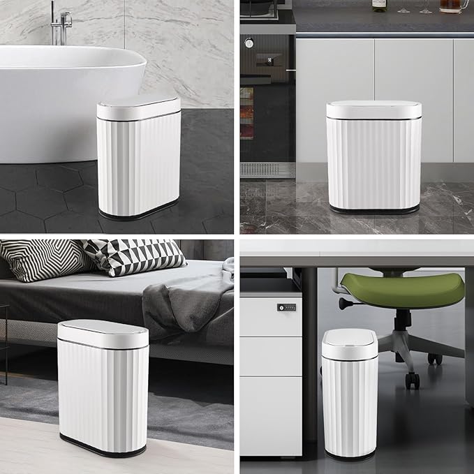 ELPHECO Bathroom Trash Can with Lid 2 Gallon Small Sensor Garbage Can, 9 Liter Slim Smart Trash Bin, Waterproof Automatic Wastebasket, Narrow Plastic Garbage Bin for Bathroom, Black and White