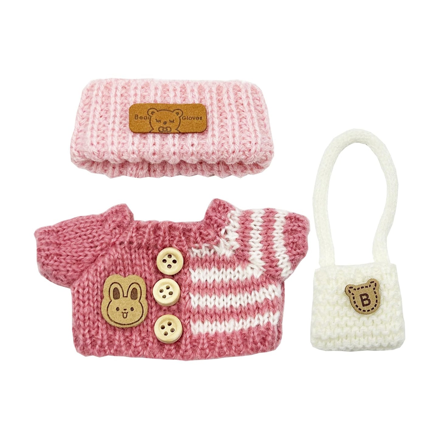 Clothes Set for Labubu (No Doll), 15cm-17cm Doll Clothing with Accessories, Cute Outfits for Dolls with Knitted Hat, Sweater and Bag (Pink)