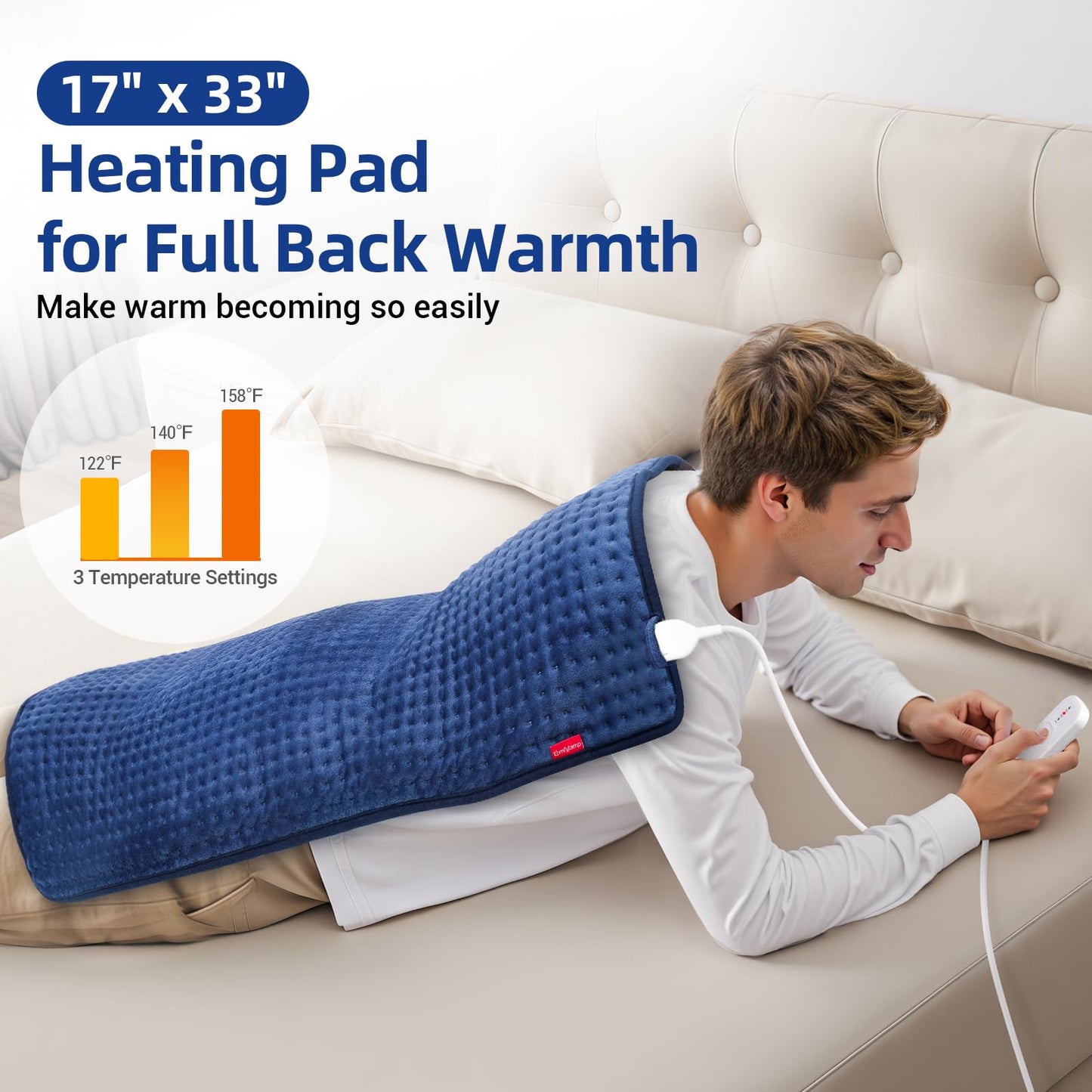 Comfytemp Extra Large Heating Pad for Back & Period, 33''x 17'' King Size, FSA Eligible Items Only List, HSA Approve Electric XL Heated Pad for Shoulder/Neck/Knee, Small Lap Blanket, Washable (Blue)