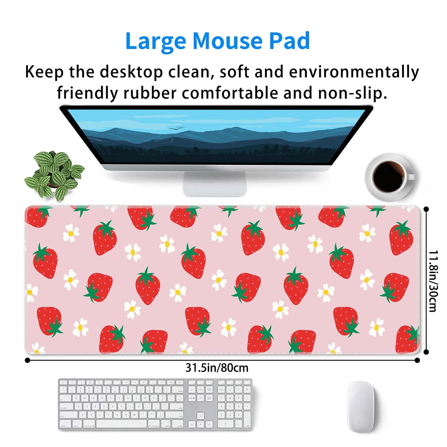 Cute Strawberry Extended Gaming Mouse Pad XL Kawaii Pink Large Mouse Pad 31.5x11.8in 3mm Non-Slip Rubber Base Pink Mousepad Stitched Edges Keyboard Mouse Mat Desk Pad for Women Office Gaming Decor