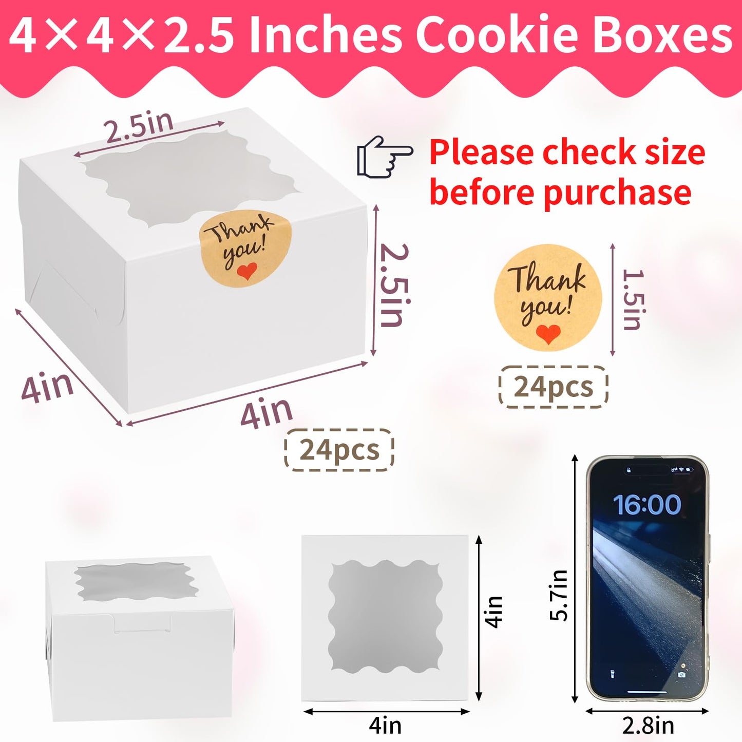WINKIO 24pcs White Cookie Boxes, 4x4x2.5 Inches Bakery Boxes with Window, for Mini Cake Treat Dessert Pastry Donuts Macaroon Strawberries Chocolate Candy (with Stickers)