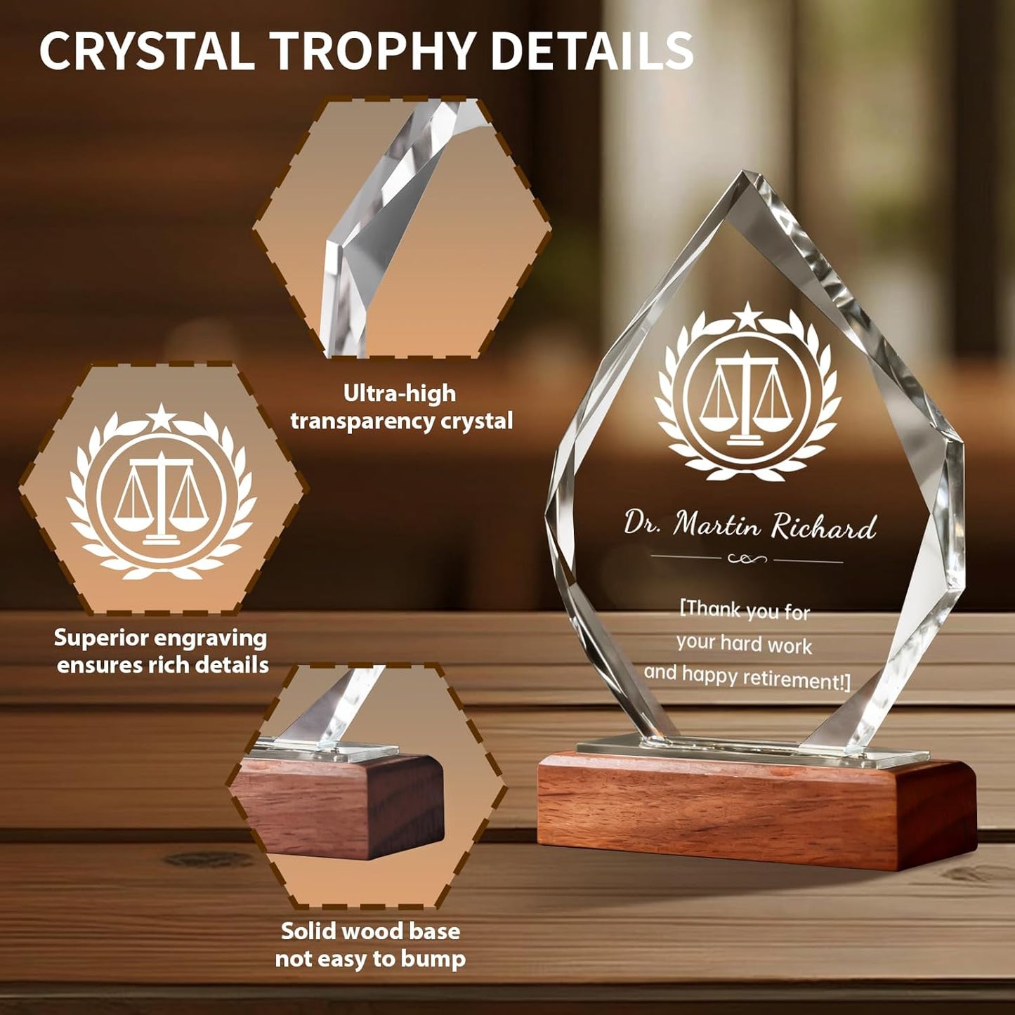 Custom Crystal Trophy Award with Wood Base, Custom Plaque Personalized Engraved with LOGO Text, Employee Appreciation Gift, Retirement Gift for Employee Coworker, Sports Recognition Trophies