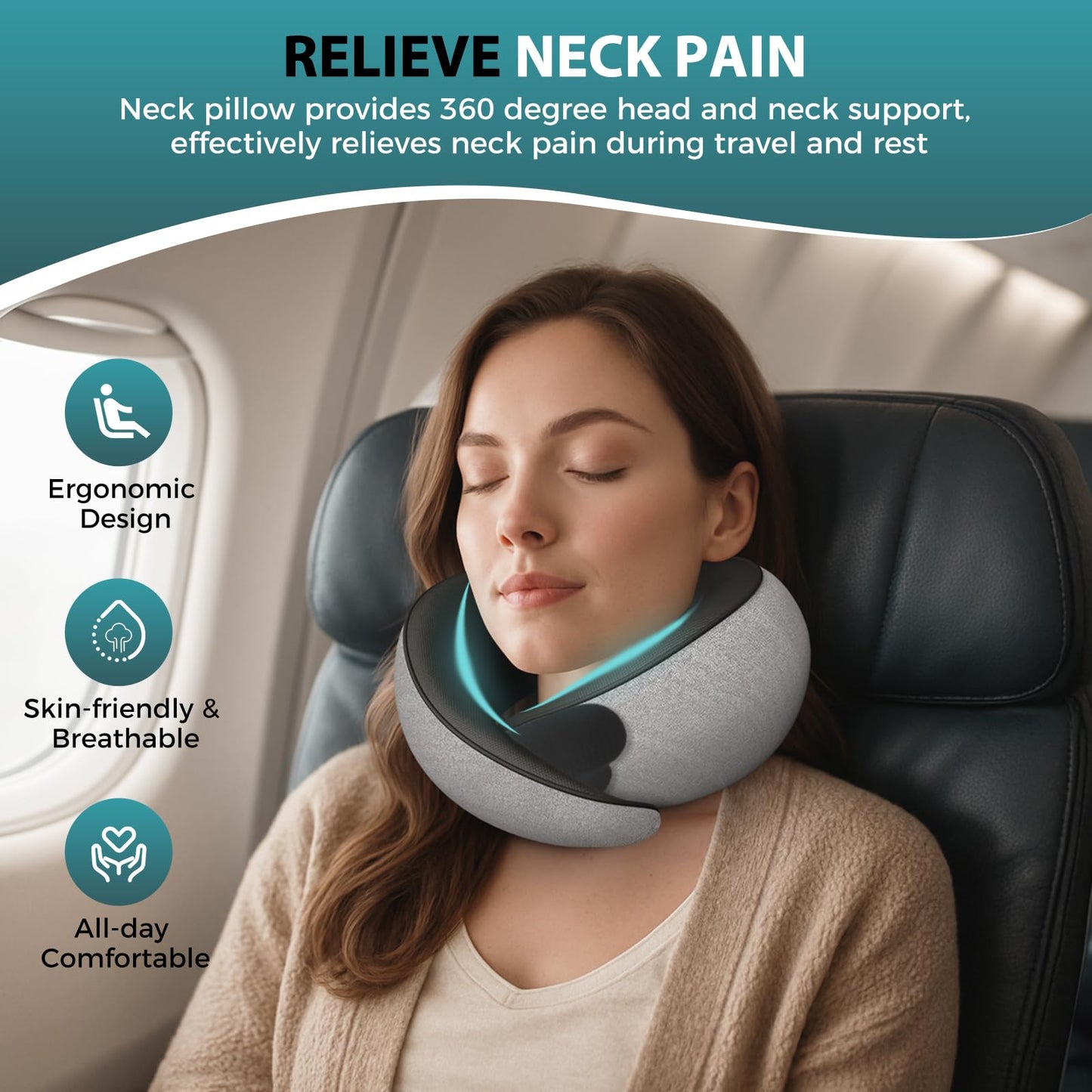 FIOGIKO Travel Neck Pillows for Airplanes - 360° Ergonomic Memory Foam Travel Pillow - Relief Neck Pain with Breathable Support for Long Flights, Car, Train & Office Use - Adults & Kids