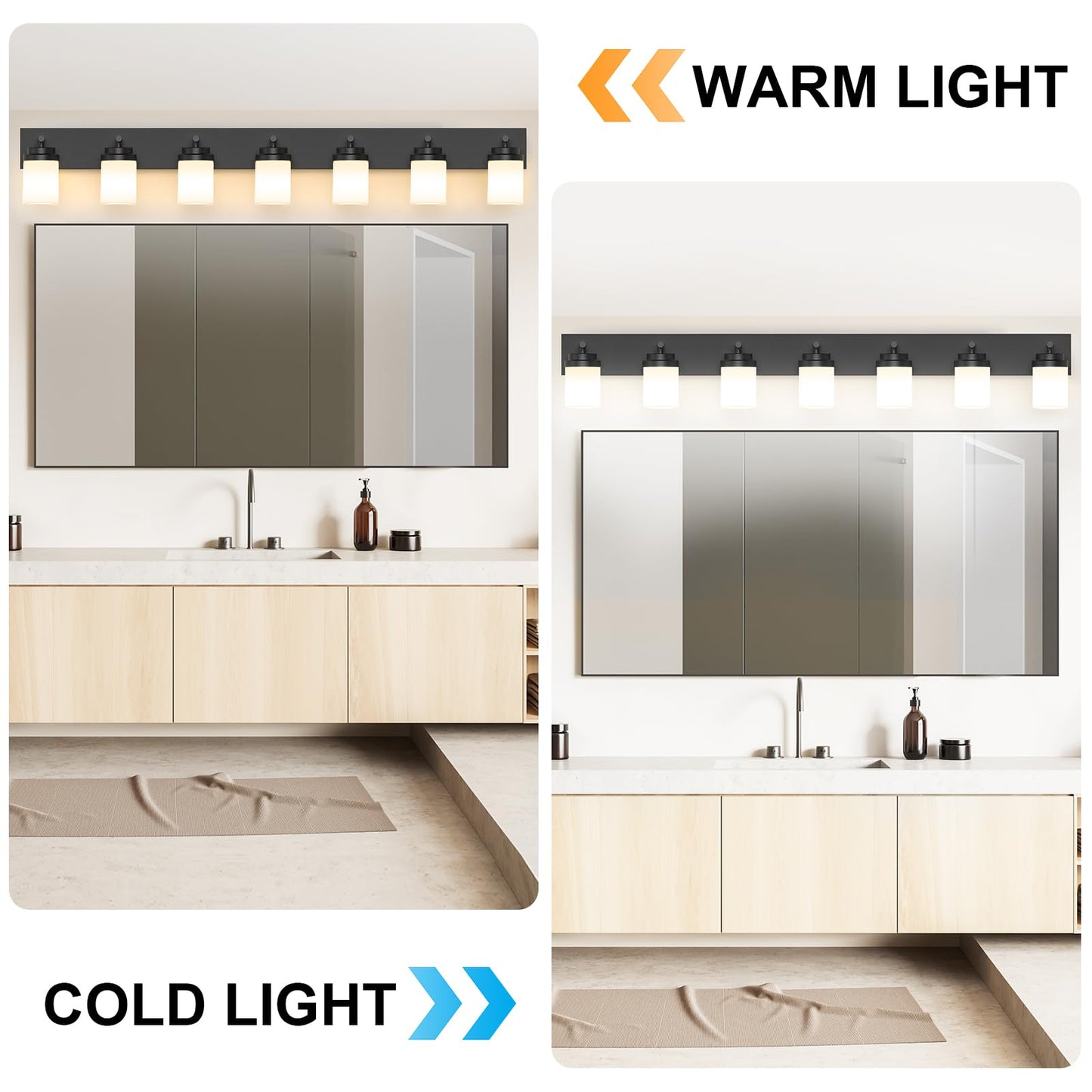 Izorro Bathroom Vanity Light Fixture 7-Light 51 Inch Matte Black Bathroom Light Fixtures Over Mirror With White Glass Shade Modern Farmhouse Vanity Lights Rustic Restroom Lighting Fixtures