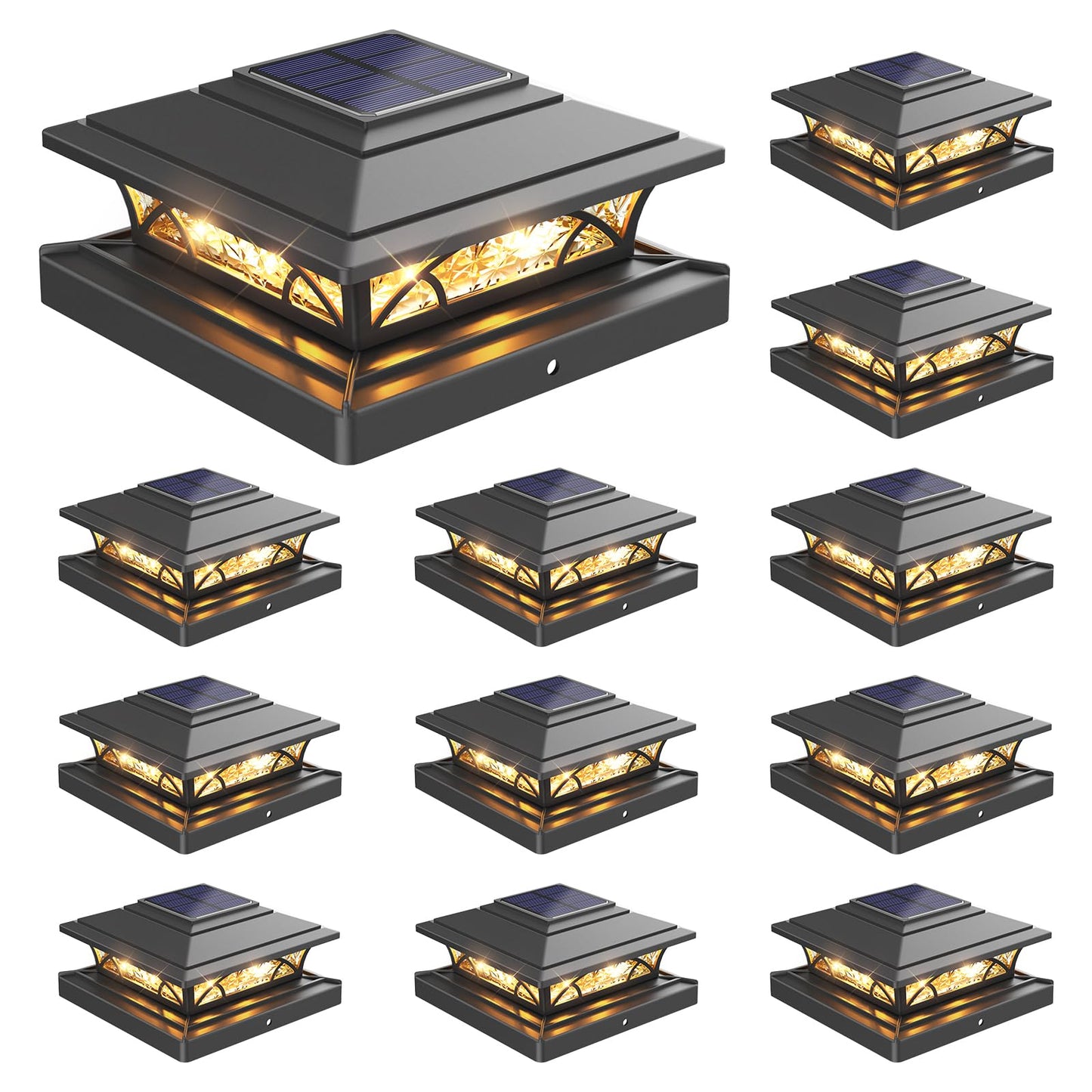JOFIOS Post Cap Lights Outdoor 12pack, Black Deck Fence Post Lights Solar Powered with 16LEDS 2 Lighting Modes, 4x4/5x5/6x6 Wate