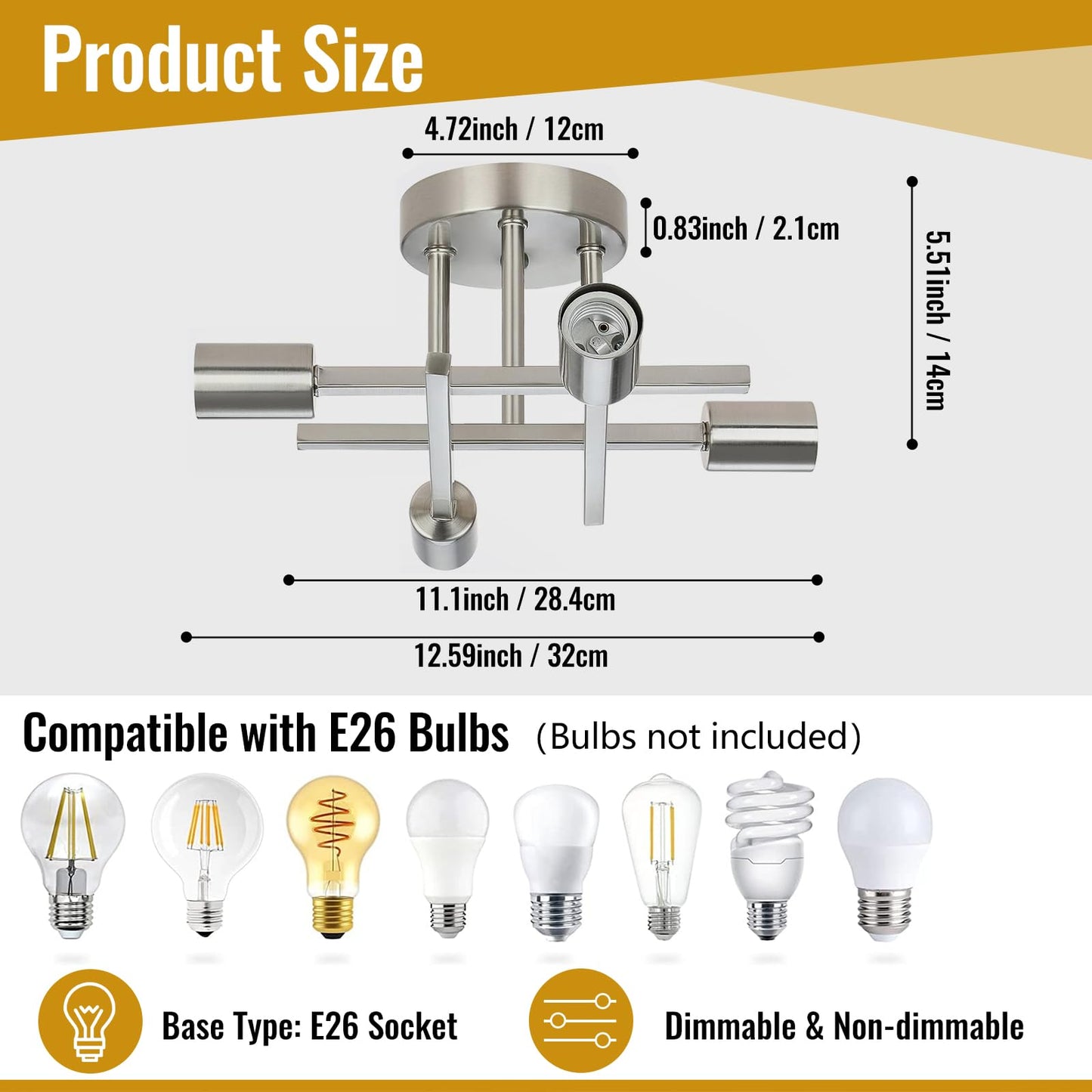 Ceiling Light Dining Room Light Fixture With E26 Base Semi Flush Mount Ceiling Light Fixture Kitchen Lighting Fixtures Ceiling 4-Light Matte Nickle Chandelier For Bedroom