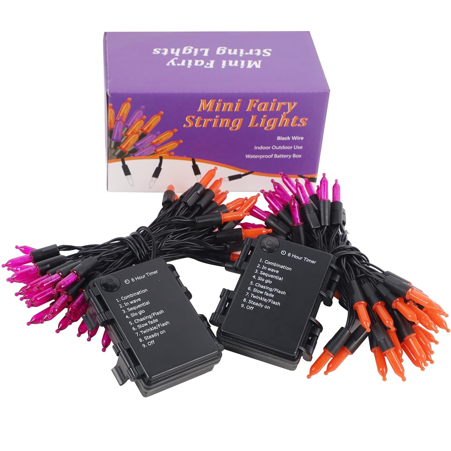 Waterglide 50 Led Halloween String Lights, 16 Ft Waterproof Mini Lights, Orange & Purple, 8 Modes, Battery Operated For Indoor/Outdoor Use