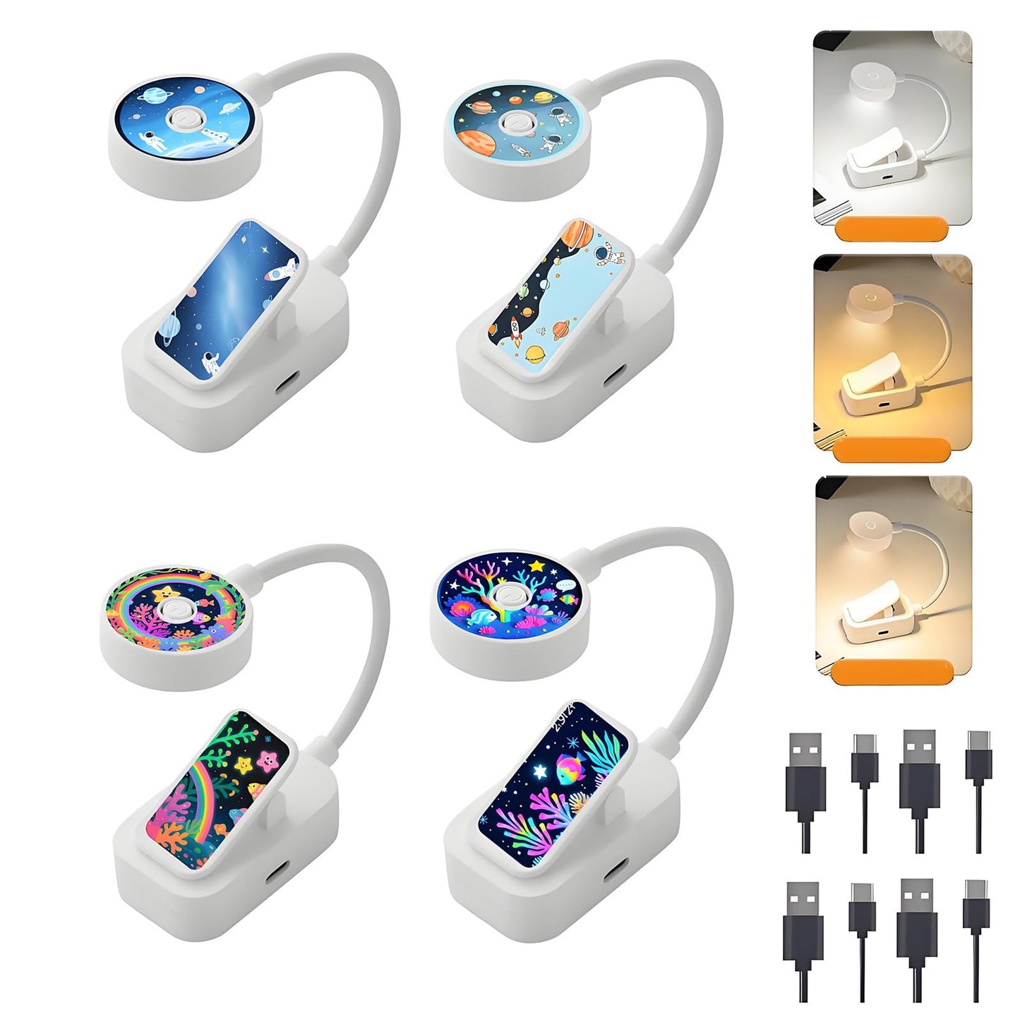 Darlur 4 Pack Rechargeable Cute Book Lights Bulk for Reading in Bed,3 Color,Adjustable Brightness,Clip on to Book Lights for Rea