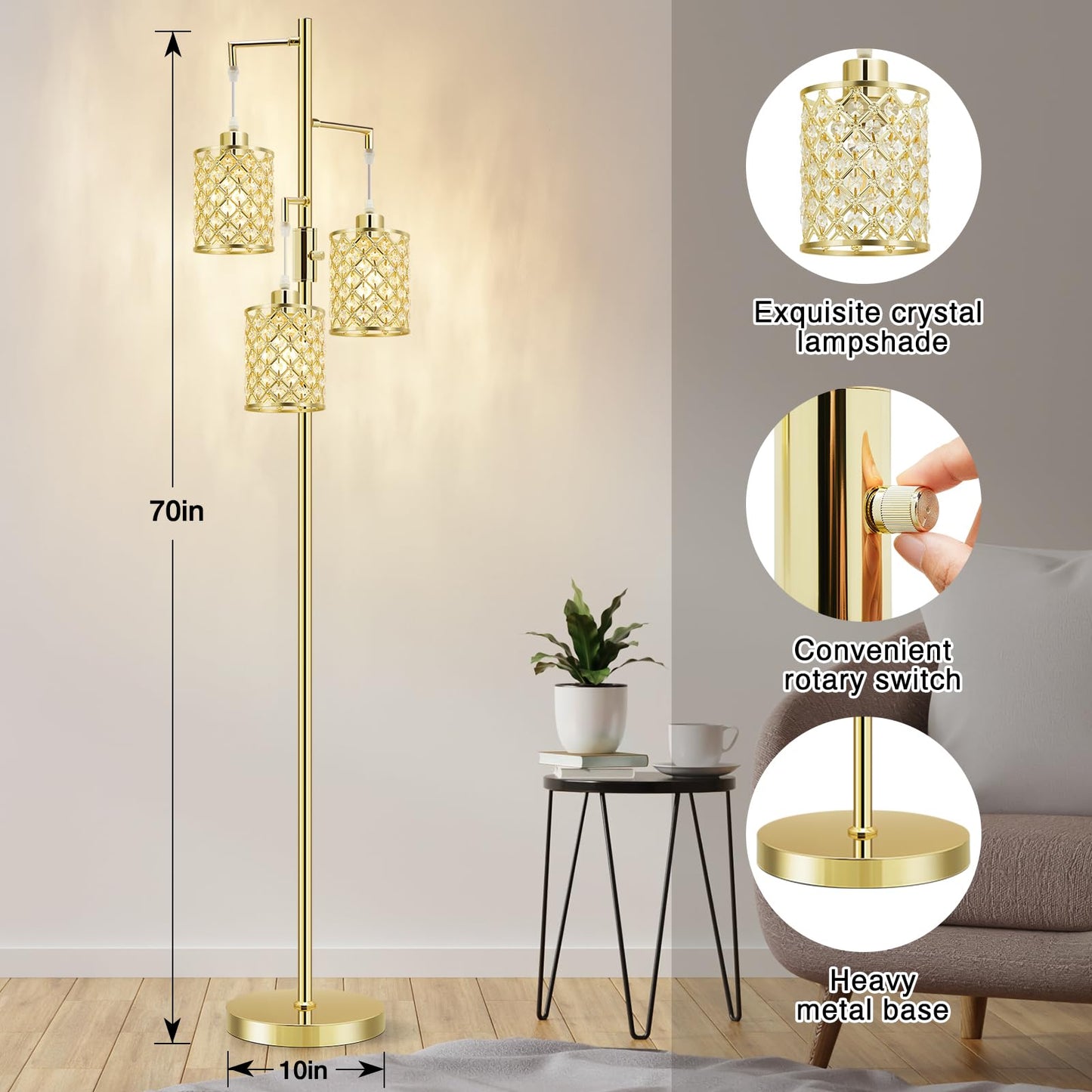 GyroVu Floor Lamp, 3-Light Modern Gold Crystal Design, K9 Crystal Shade, Model G-1FL-1769B