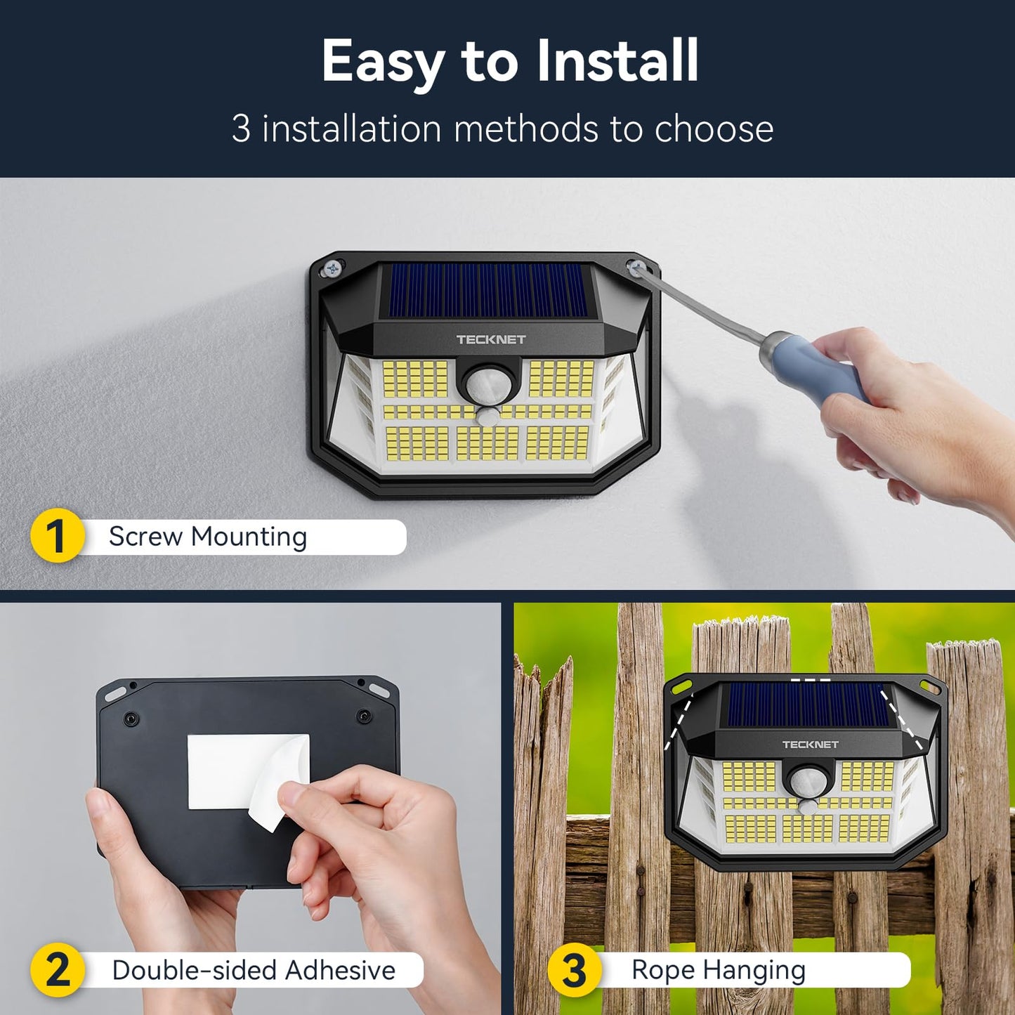 Tecknet 231 Led Motion Sensor Outdoor Lights 4 Pack 300 Solar Security Wall Lights 3 Lighting Modes Ip65 Waterproof Pir Motion Sensor For Outside Fence Garden Yard Deck Garage - Warm White