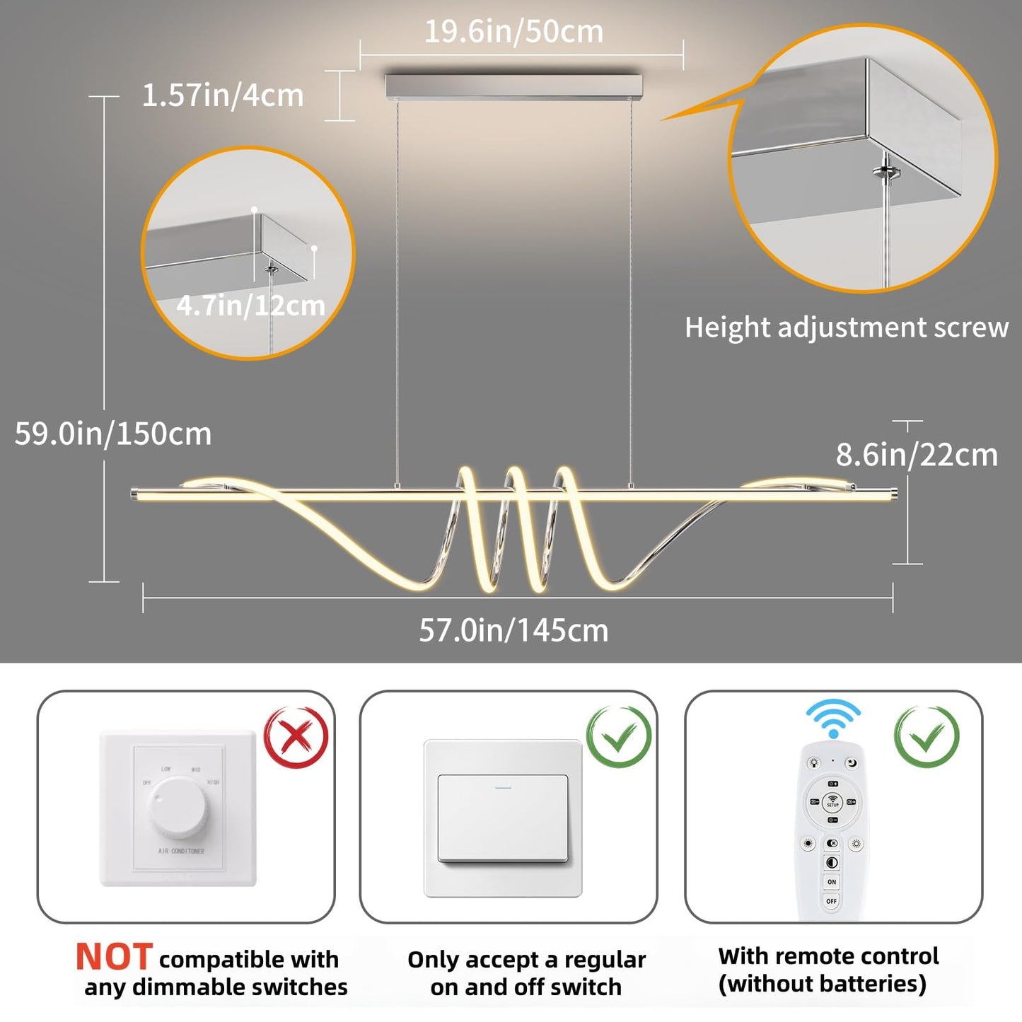 Zihoi Modern LED Pendant Light Fixture, Dimmable with Remote, 57in, Aluminum, Chrome Silver, Adjustable Color for Kitchen, Dining, Living