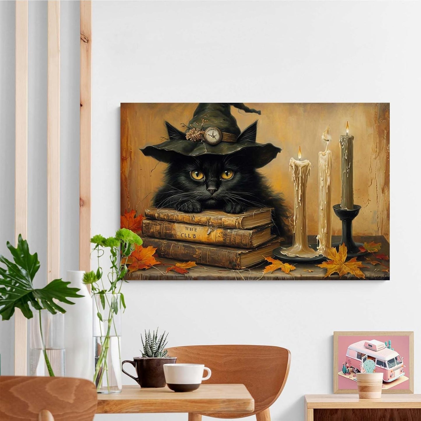 JFHCQJPK Vintage Halloween wall decoration black cat and magic book suitable for home bedroom living room decoration dark classic art witch wall decoration32x48in Frameless