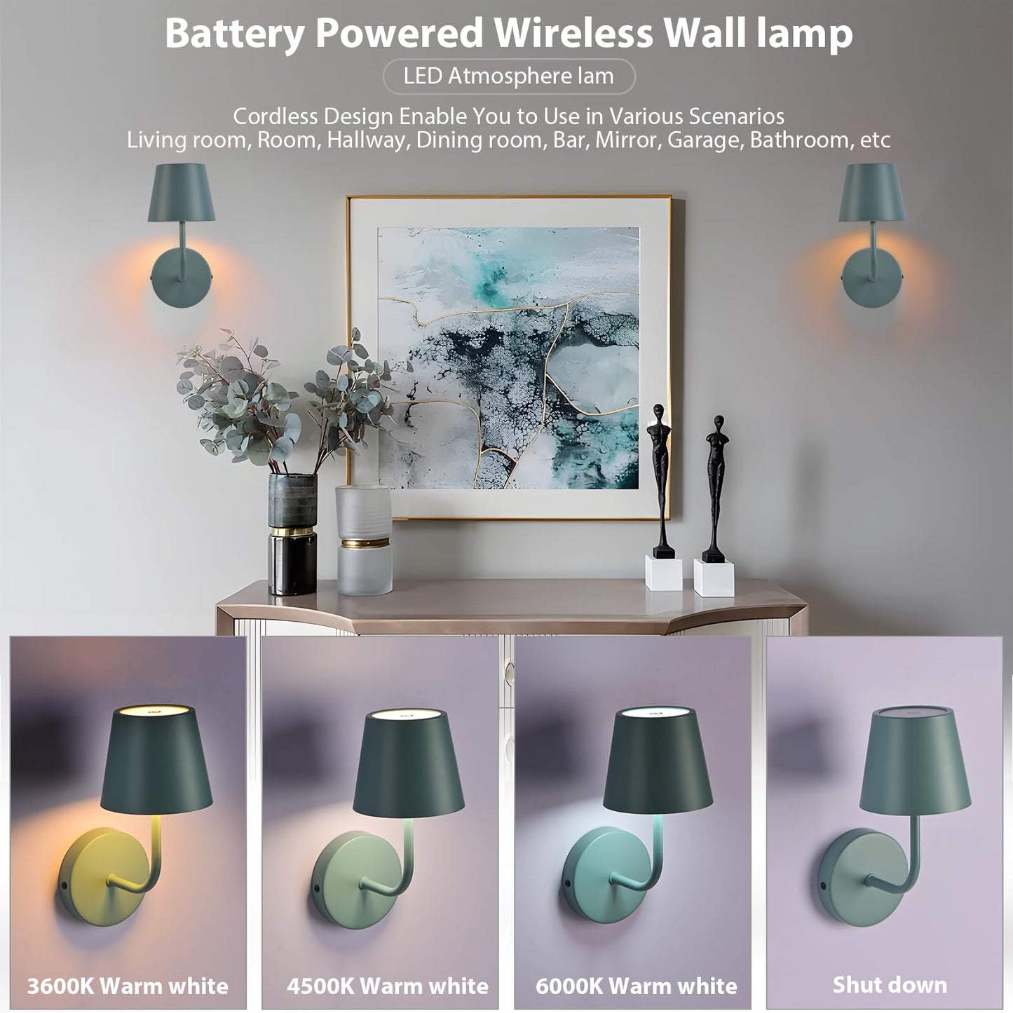 IMQSQIK LED Wall Lamp Set of 2, Rechargeable 5600mAh, Touch Control, Metal, Blue, Model RQ-14-2Pack