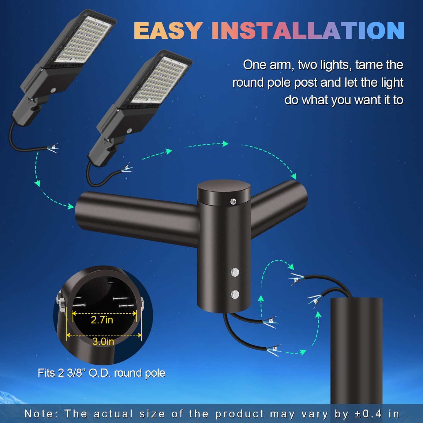 Ledmo 90 Tenon Adaptor With 2 Arms Double 2-3/8 Round Slip Fitter Bracket Lighting Mounting Heavy Duty Extension Round Pole For Parking Lot Area Light Street Floodlight Solid Rustproof