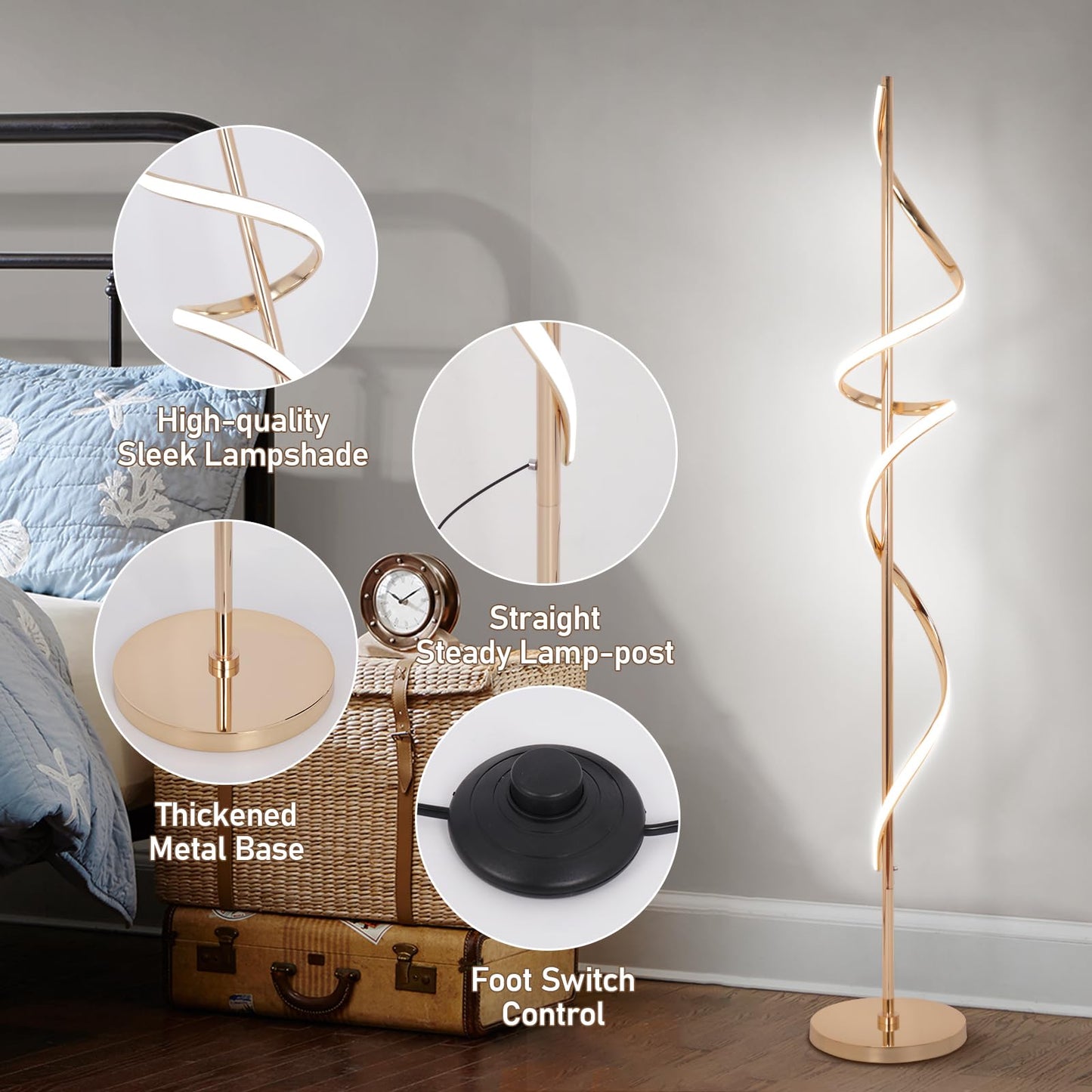 EIDISUNY LED Floor Lamp, 60in Spiral, Dimmable, 3 Color Temperatures, Remote Control, Model FL-YLC002GD, Gold