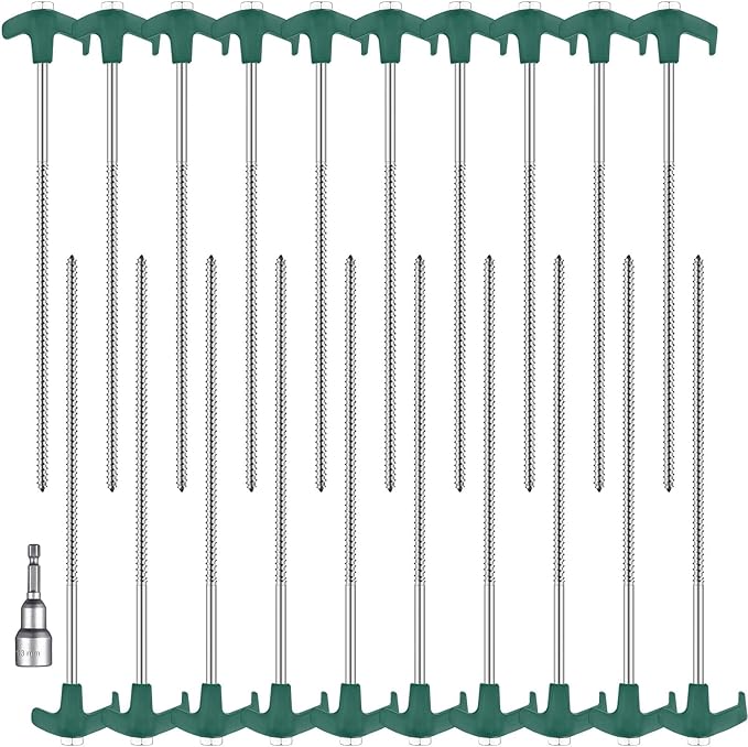 Hicarer 12 Inch Tent Stakes Screw in Camping Stakes Heavy Duty Metal Stake Ground Anchor Peg Threaded Tent Spikes with Hex Head Driver for Camping Garden Inflatable