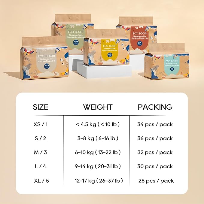 ECO BOOM Size 1 Diapers, Bamboo Viscose Diapers, Sustainable, Paper Packaging