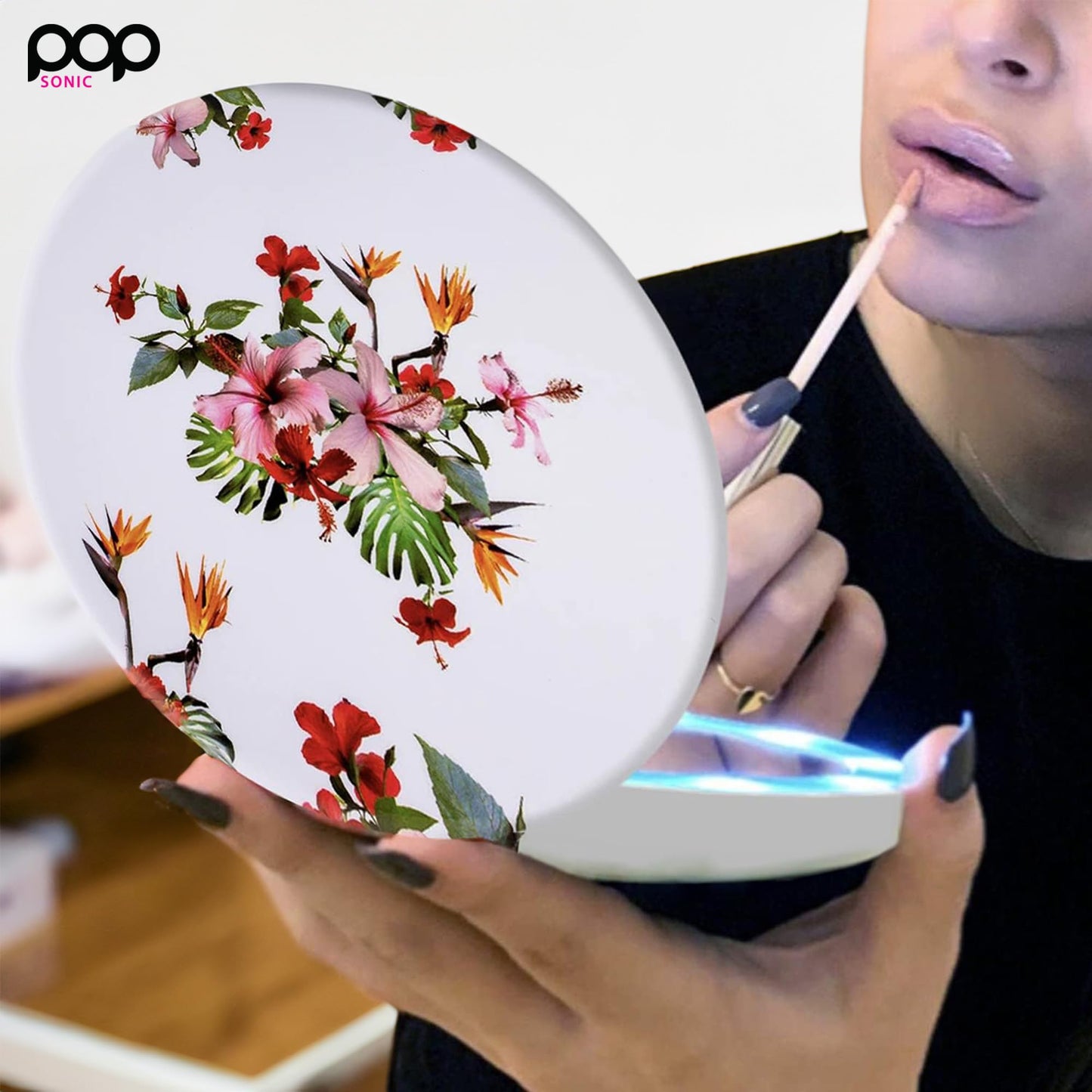LED Compact Mirror - White Floral | Portable Makeup Mirror - 5 Foldable - 1X & 5X Lighted Magnifying Mirror