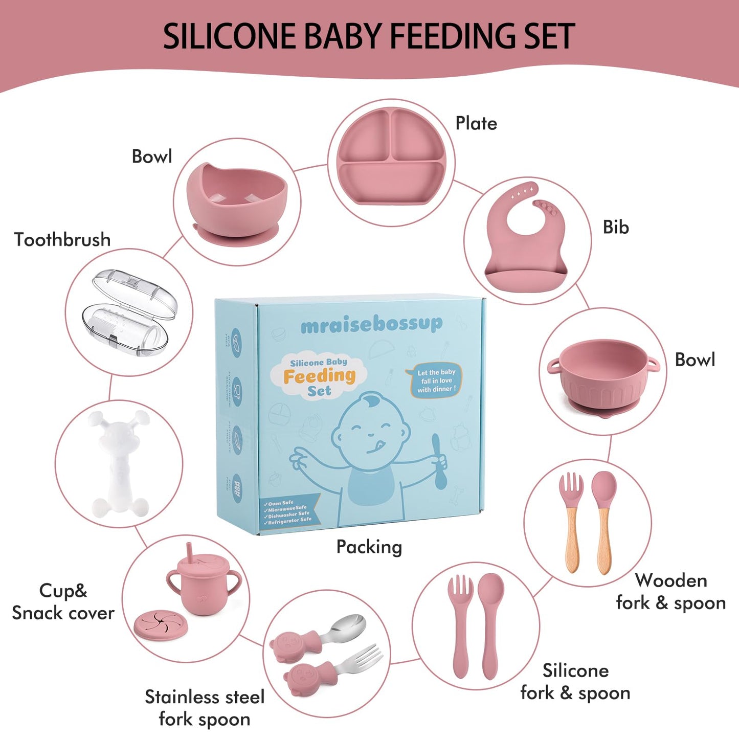 Silicone Baby Feeding Set 15 Pcs,Baby Spoons Suction Bowl Divided Plate Bib Cup Finger Brush ,Baby Led Weaning Supplies,Baby & Toddler Silicone Plates and Bowls Dining Set(pink)