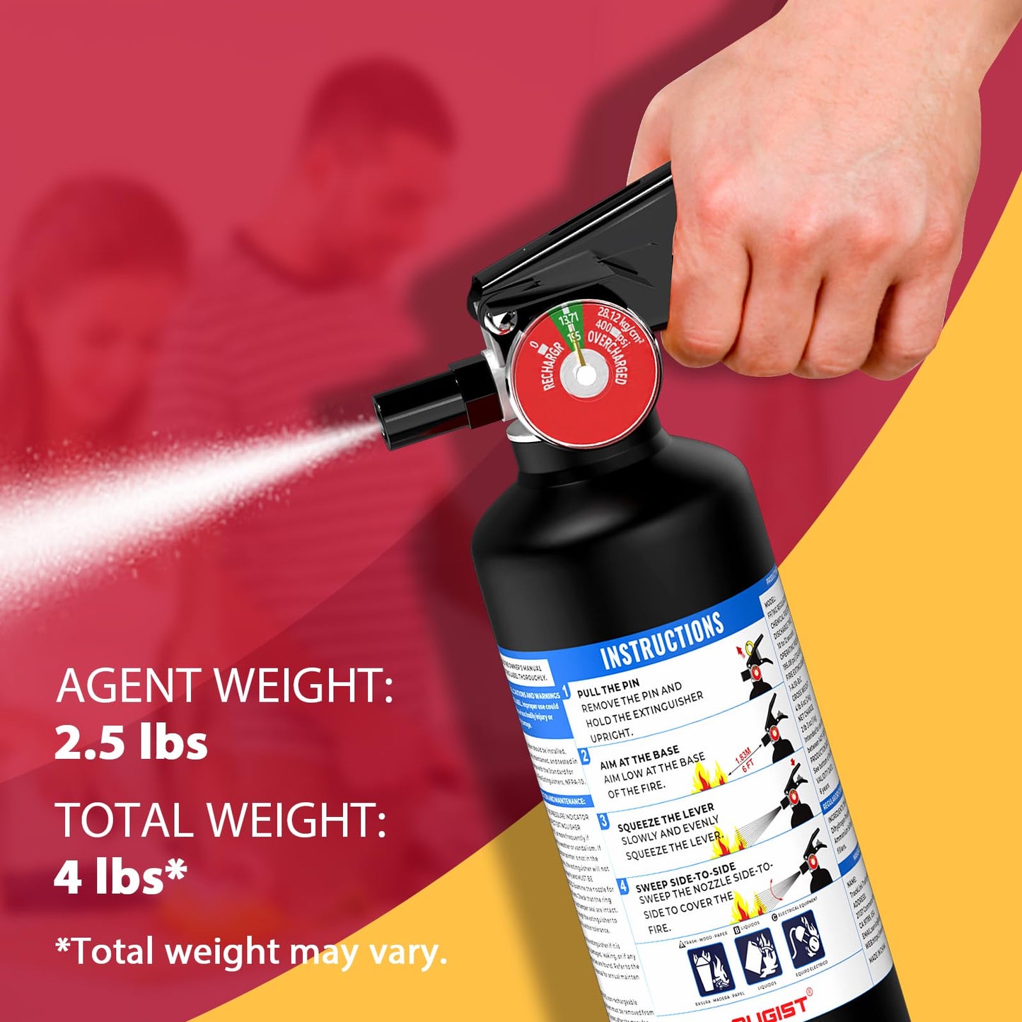 Ougist ABC Dry Powder Fire Extinguisher 2.5 lb 1‑A:10‑B:C Rated with Quick‑Release Handle for Home Kitchen Vehicle Safety Model FF1KG