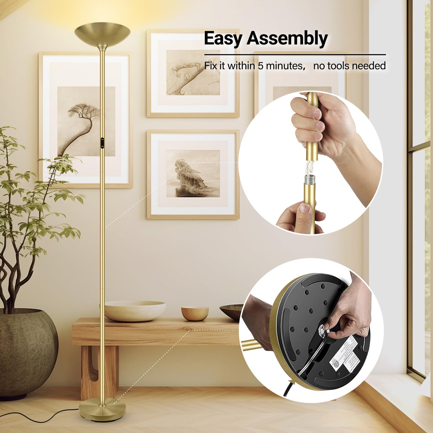 Boostarea Dimmable Floor Lamp 30W 3000Lm Super Bright Led Torchiere Standing Lamp With Remote & Touch Control 71 In Tall Pole Sky Modern Floor Lamps For Living Room Bedroom Office 2700K-6500K Gold
