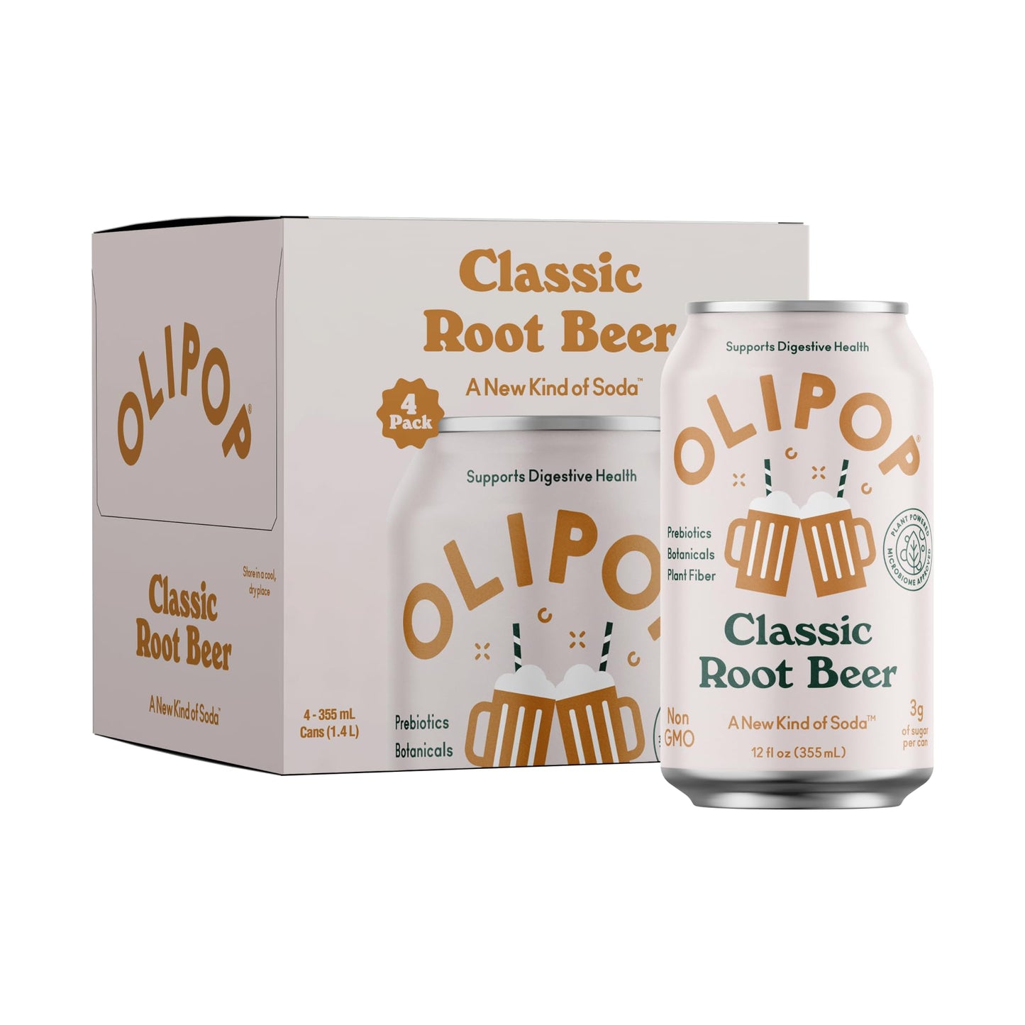 OLIPOP Prebiotic Soda Pop Classic Root malt-inspired Prebiotics Botanicals Plant Fiber 12 fl oz (4 Cans)