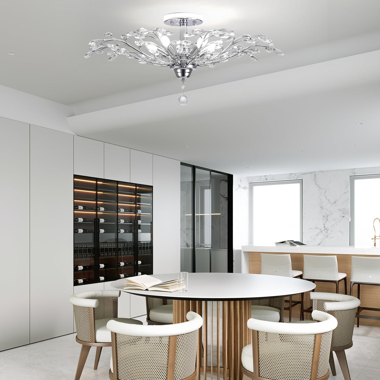 Ganeed Frozen Crystal Branch Close To Ceiling Light Chrome Silvery Vintage Chandelier With 5-Light Heads Modern K9 Crystal Chandelier For Dining Room Living Room Bedroom Kitchen Over Table