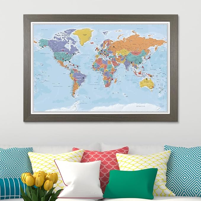 Push Pin Travel Maps - Blue Oceans World - Barnwood Gray Framed Pin Map for Tracking Your Travels - 27.5" x 39.5" - 8 Handcrafted Frame Options - Made in USA - Ideal for Any Traveler
