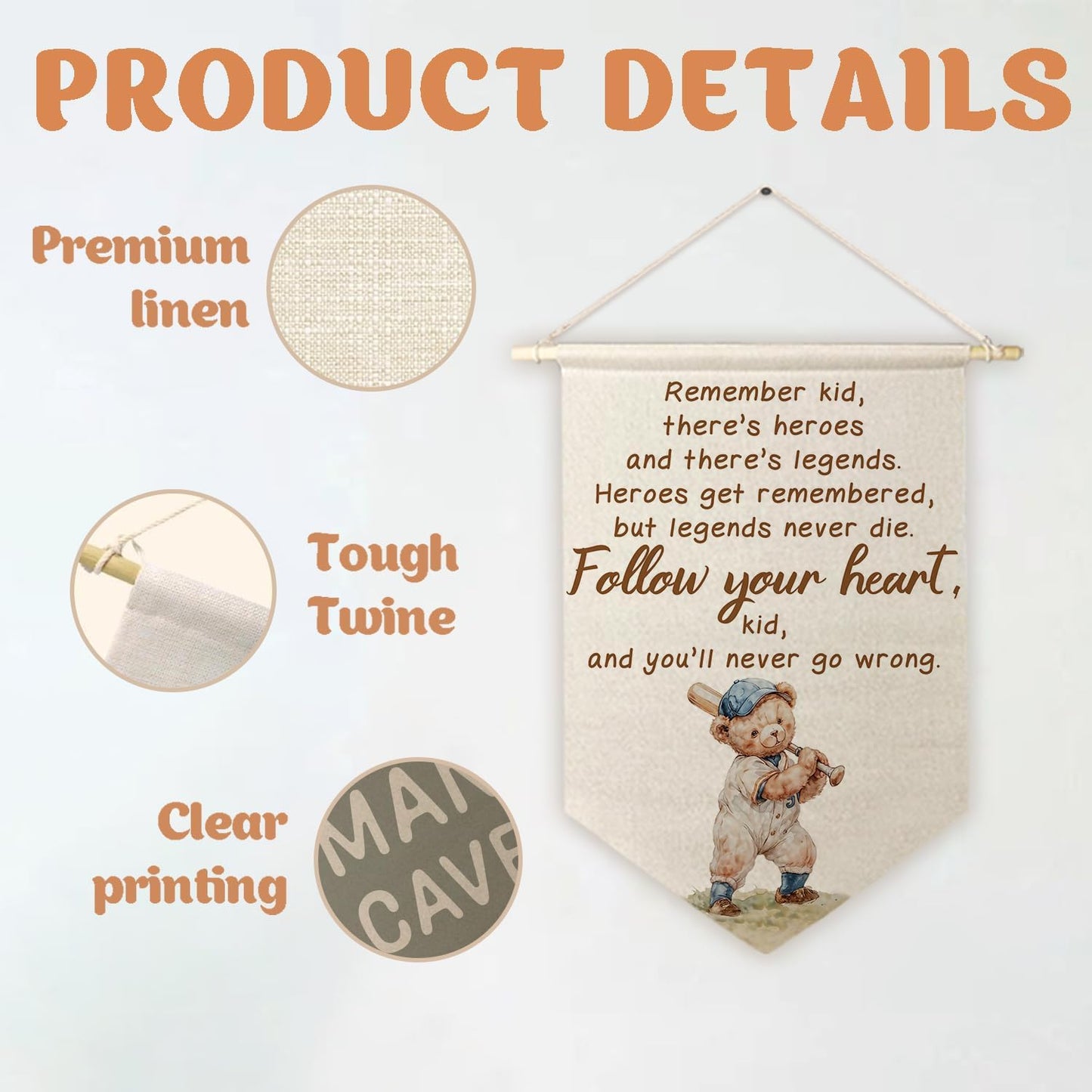ArtisaEura Bear Nursery Inspirational Wall Canvas Banners, Baseball Bear Nursery Decor, Positive Affirmations Hanging Display Pennant Banner Flags, Baseball Wall Decor for Kids Room Bedroom Playroom