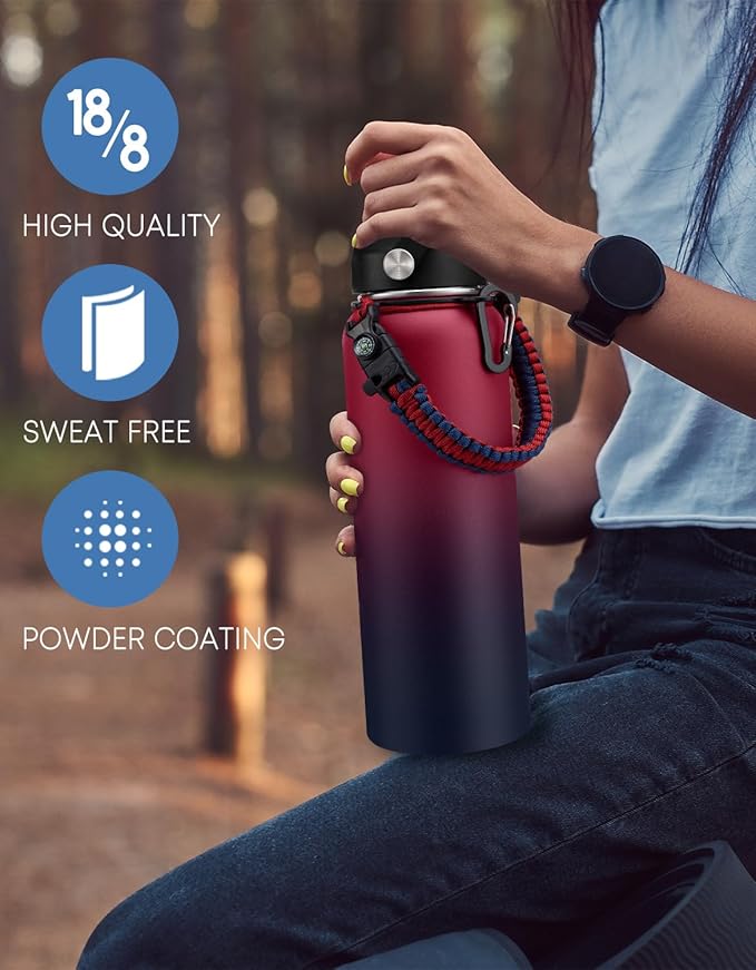 Insulated Water Bottle 40 oz - with Straw & Spout Lids, 40OZ Stainless Steel Water Flask with Paracord Handle, Storage Sleeve & Cup Boot, Leak Proof & Keep Cold-48H & Hot-12H Metal Water Jug, Purple