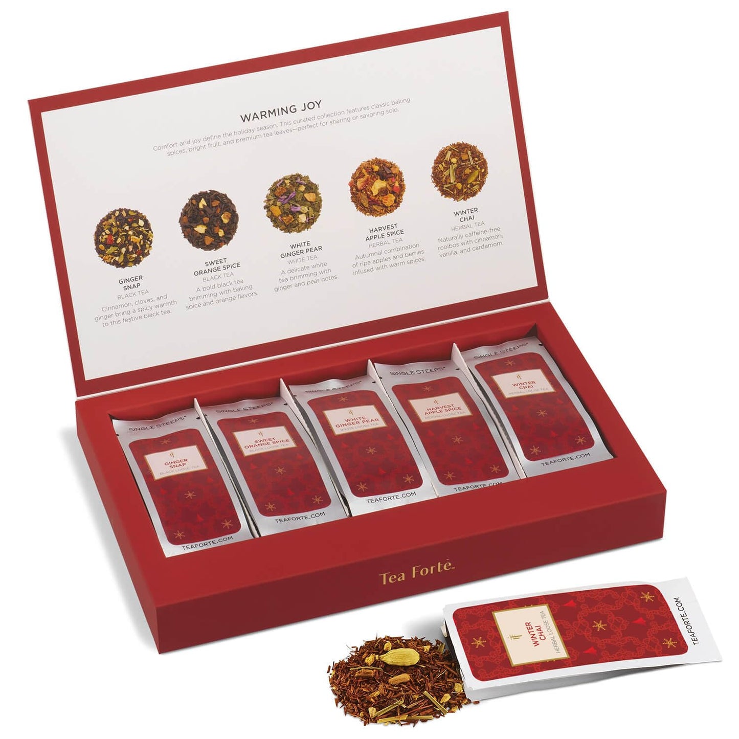 Tea Forte Warming Joy Hoilday enhanced Single Steeps Loose Leaf Tea Gift Set Sampler 15 Count 3 of Each Assorted Blends Pre-Portioned Single Serve Pouches Steeps 12 oz