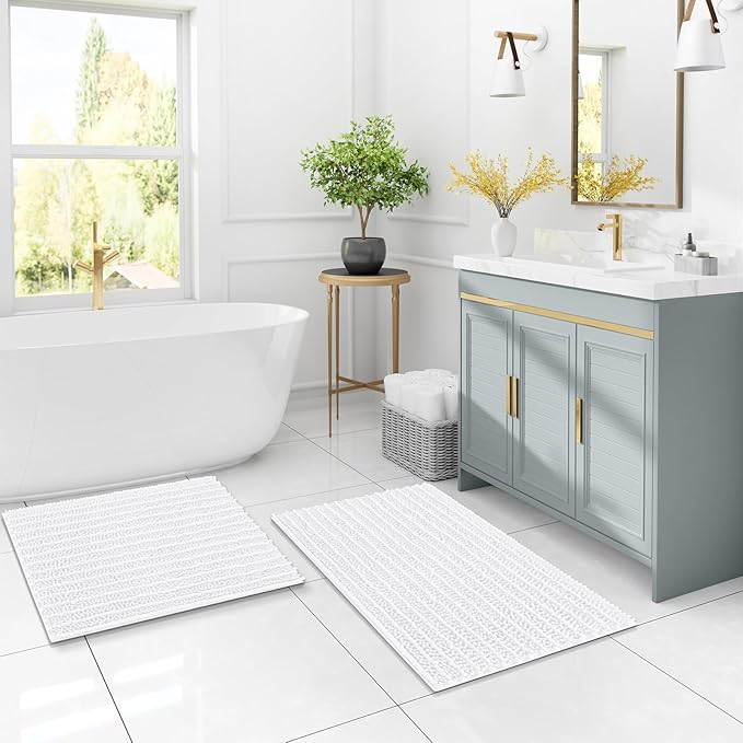 Arotive Luxury Chenille Bathroom Rug Mat, Extra Soft Thick Absorbent Shaggy Bath Rugs, Non-Slip Machine Wash Dry, Plush Bath Mats for Bathroom, Shower and Tub, 60x24, White