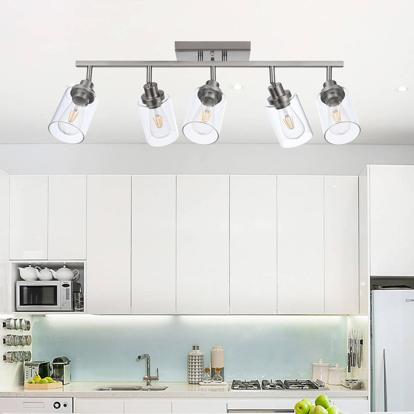 Wanluce 5 Light Track Lighting Kit Brushed Nickel Kitchen Track Lighting Fixtures Ceiling Mount Bathroom Vanity Wall Scones Light Fixture With Clear Glass Rotatable Spotlight For Kitchen Shop Hallway