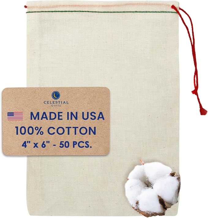 Celestial Gifts Muslin Bags - Drawstring Bags Small 50pcs - 4x6, Reusable Tea, Coffee, Jewelry, Gift, Spice and Sachet Bag - 100% Cotton - Made in USA - (Green Hem & Red Drawstring)