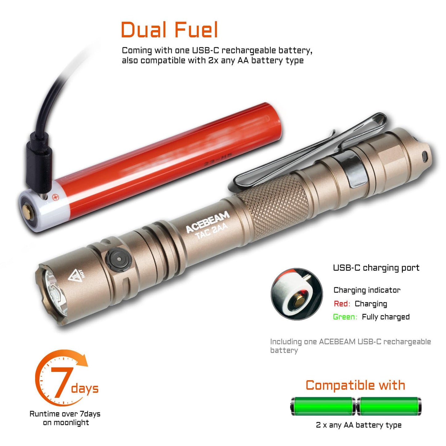ACEBEAM TAC 2AA EDC Flashlight, 1470 Lumens, Rechargeable, Aluminum, Desert Color