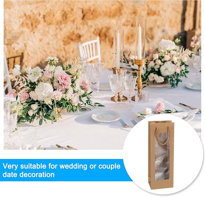 uxcell Wine Bags, 20pcs 4.92"x3.35"x14.2" Wine Gift Bags with Rope Handles, Paper Wine Tote Bag with Clear Window for Wedding Birthday Christmas Party Supplies, Wood
