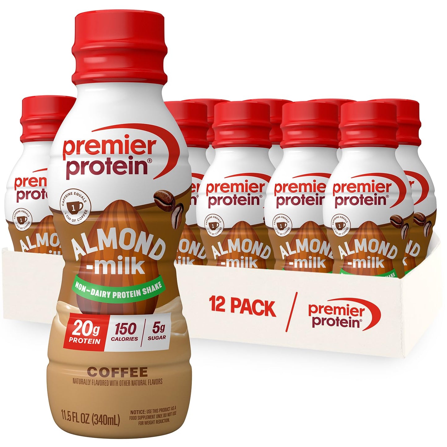 Premier Protein Almondmilk Plant Based Protein Shake 20g Protein 5g Sugar 11.5 Fl oz Coffee 12 Count