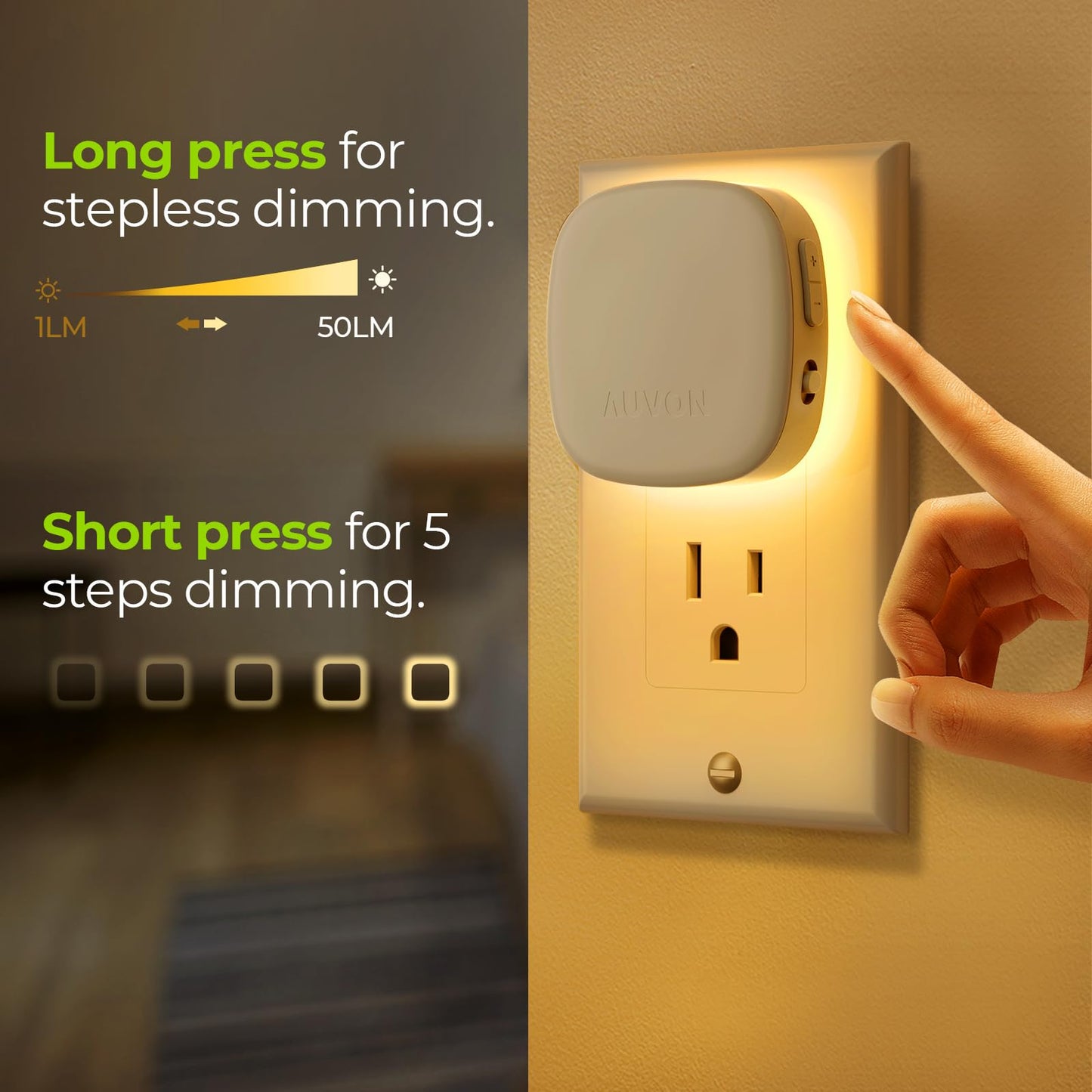 AUVON Plug-in LED Night Light with Motion Sensor, Dimmable Amber, 1-50 lm Brightness, Model N001A, 2 Pack